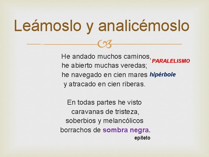 Leámoslo y analicémoslo He andado muchos caminos, PARALELISMO he abierto muchas veredas; he navegado