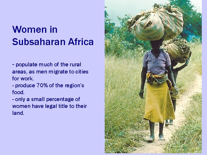 Women in Subsaharan Africa - populate much of the rural areas, as men migrate