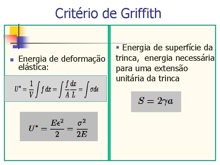 Critério de Griffith n Energia de deformação elástica: § Energia de superfície da trinca,