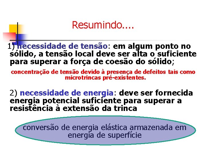 Resumindo. . 1) necessidade de tensão: em algum ponto no sólido, a tensão local
