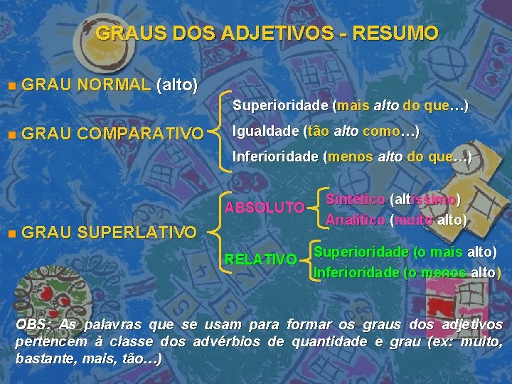 GRAUS DOS ADJETIVOS - RESUMO n GRAU NORMAL (alto) Superioridade (mais alto do que…)