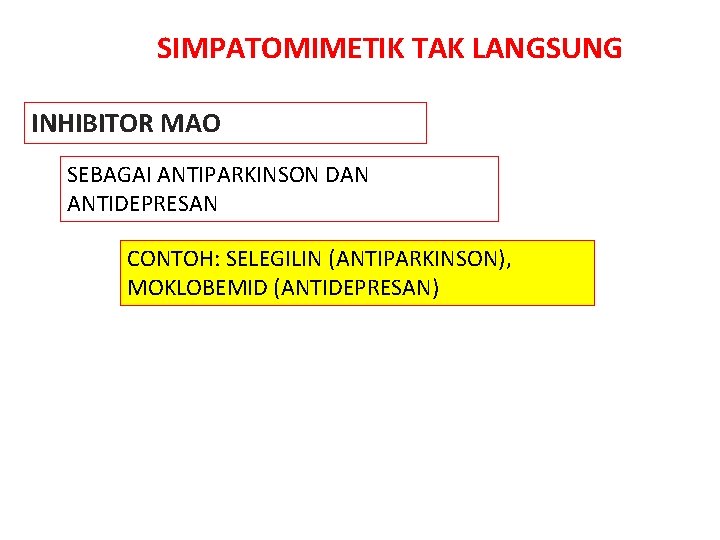 SIMPATOMIMETIK TAK LANGSUNG INHIBITOR MAO SEBAGAI ANTIPARKINSON DAN ANTIDEPRESAN CONTOH: SELEGILIN (ANTIPARKINSON), MOKLOBEMID (ANTIDEPRESAN)