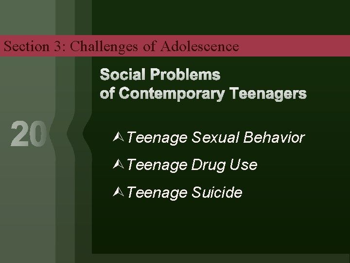 Section 3: Challenges of Adolescence Teenage Sexual Behavior Teenage Drug Use Teenage Suicide 