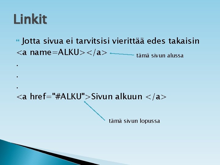 Linkit Jotta sivua ei tarvitsisi vierittää edes takaisin <a name=ALKU></a> tämä sivun alussa. .