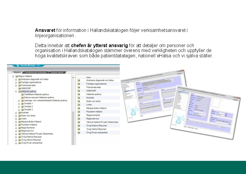 Ansvaret för information i Hallandskatalogen följer verksamhetsansvaret i linjeorganisationen. Detta innebär att chefen är