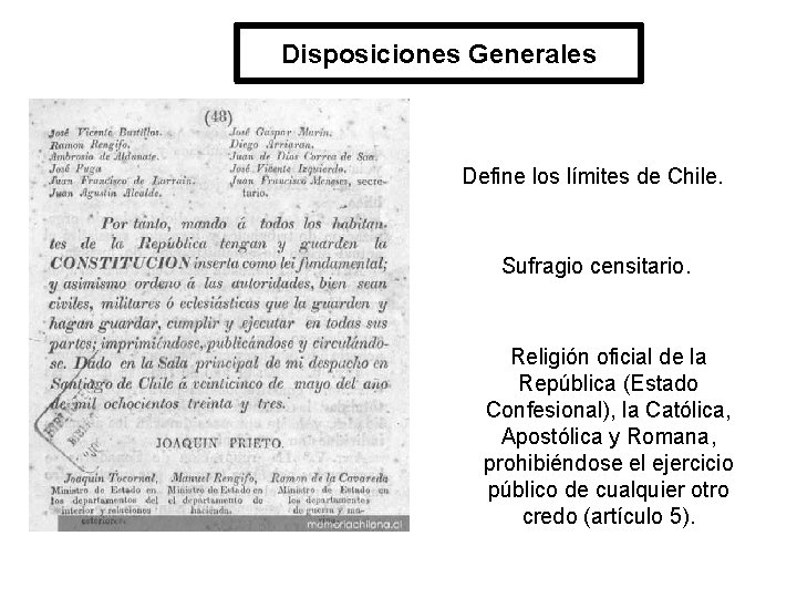 Disposiciones Generales Define los límites de Chile. Sufragio censitario. Religión oficial de la República