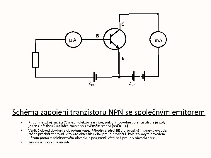 C B μA m. A E ZBE ZCE Schéma zapojení tranzistoru NPN se společným