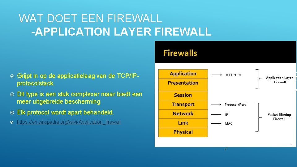 WAT DOET EEN FIREWALL -APPLICATION LAYER FIREWALL Grijpt in op de applicatielaag van de