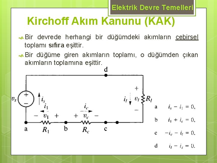 Elektrik Devre Temelleri Kirchoff Akım Kanunu (KAK) Bir devrede herhangi bir düğümdeki akımların cebirsel