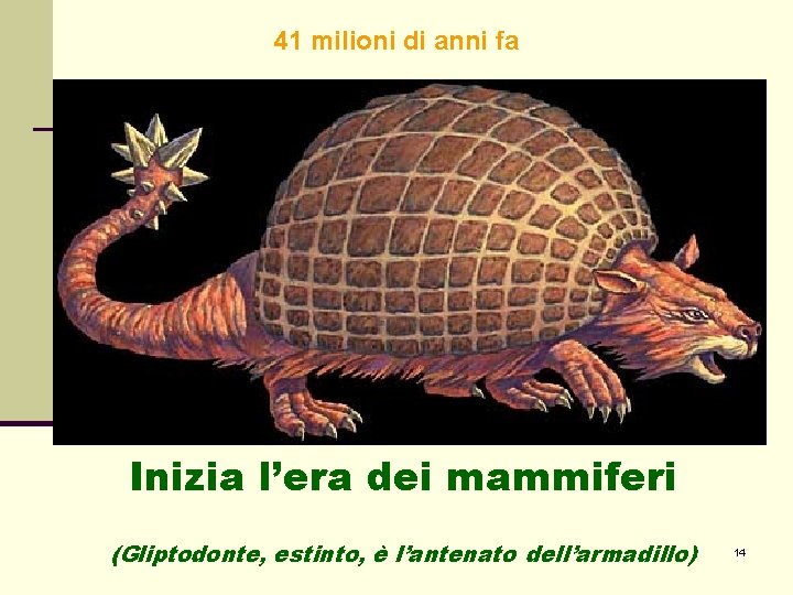 41 milioni di anni fa Inizia l’era dei mammiferi (Gliptodonte, estinto, è l’antenato dell’armadillo)