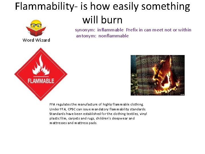 Flammability- is how easily something will burn Word Wizard synonym: inflammable Prefix in can