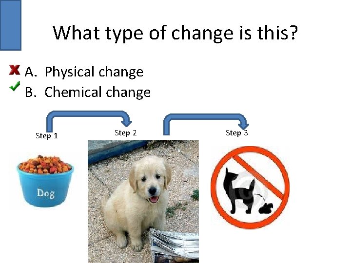 What type of change is this? A. Physical change B. Chemical change Step 1
