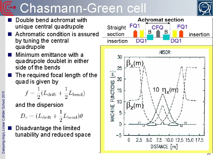 Chasmann-Green cell Damping rings, Linear Collider School 2015 n Double bend achromat with unique