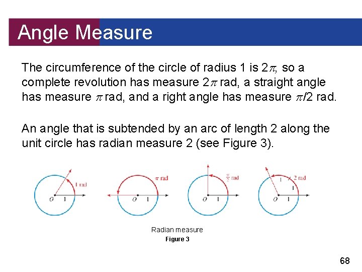 Angle Measure The circumference of the circle of radius 1 is 2 , so