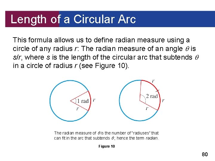 Length of a Circular Arc This formula allows us to define radian measure using