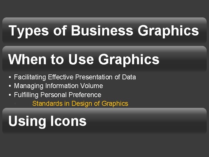 Types of Business Graphics When to Use Graphics • Facilitating Effective Presentation of Data