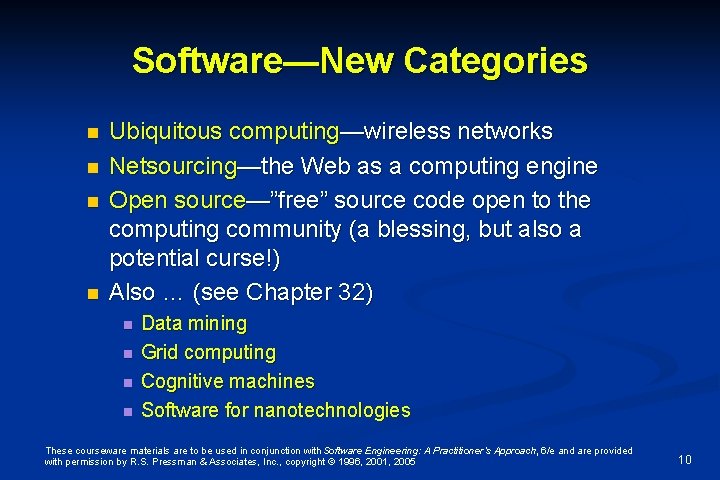 Software—New Categories n n Ubiquitous computing—wireless networks Netsourcing—the Web as a computing engine Open Software—New Categories n n Ubiquitous computing—wireless networks Netsourcing—the Web as a computing engine Open
