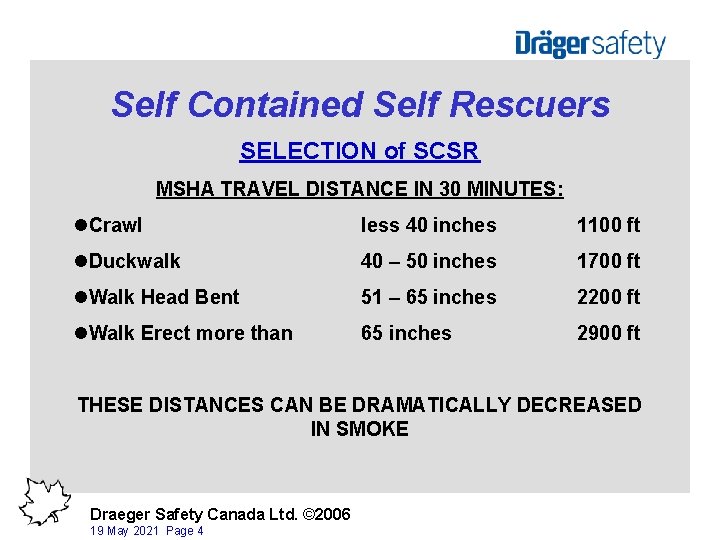 Self Contained Self Rescuers SELECTION of SCSR MSHA TRAVEL DISTANCE IN 30 MINUTES: l.