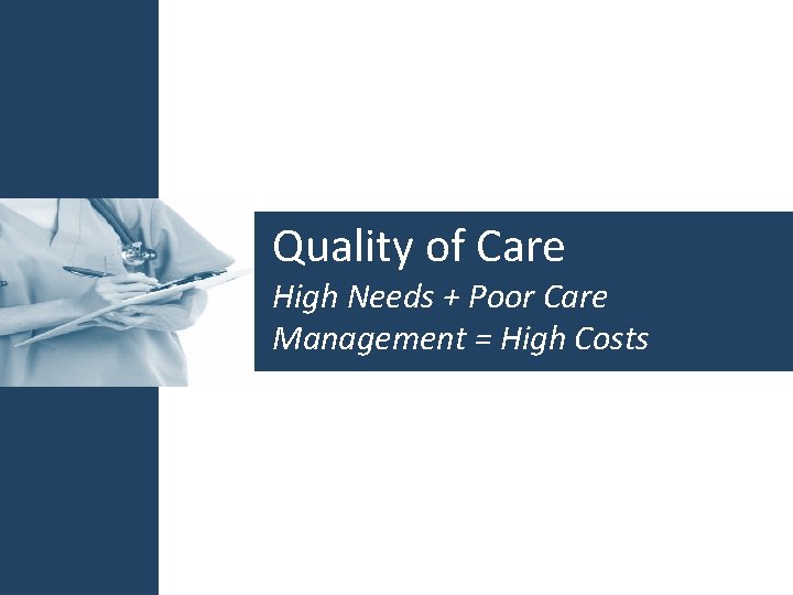 Quality of Care High Needs + Poor Care Management = High Costs 