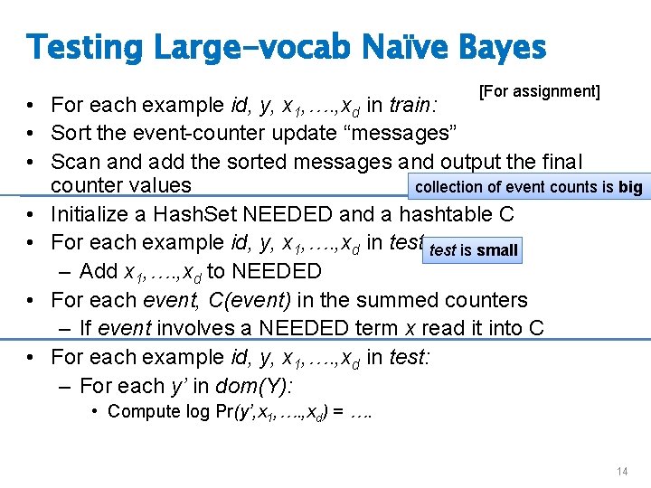 Testing Large-vocab Naïve Bayes [For assignment] • For each example id, y, x 1,