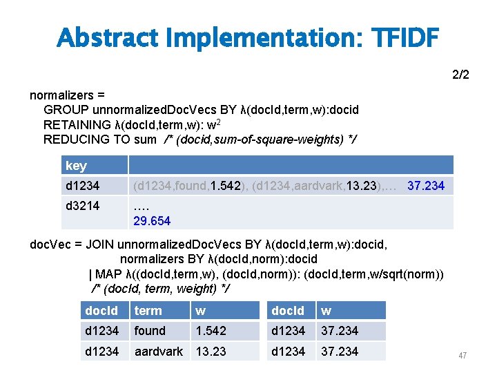 Abstract Implementation: TFIDF 2/2 normalizers = GROUP unnormalized. Doc. Vecs BY λ(doc. Id, term,