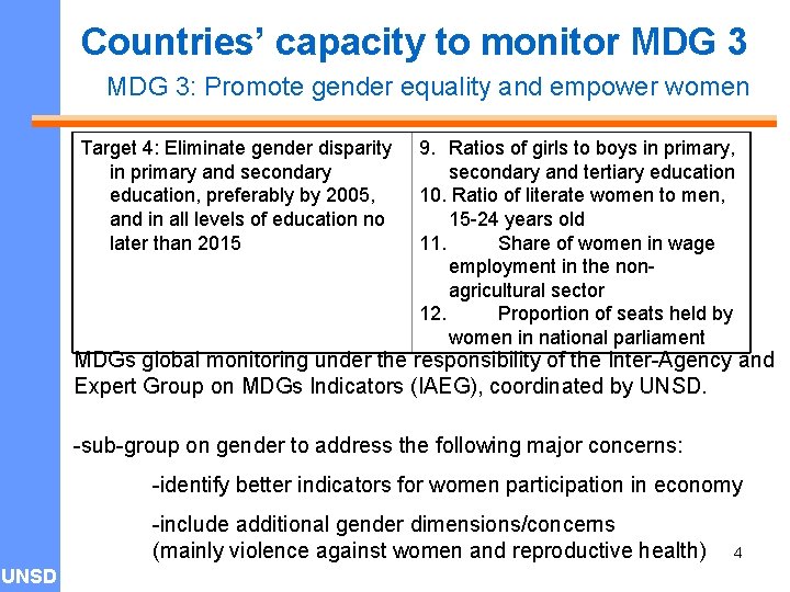 Countries’ capacity to monitor MDG 3: Promote gender equality and empower women Target 4:
