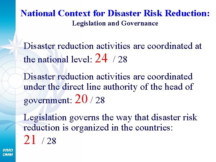 National Context for Disaster Risk Reduction: Legislation and Governance Disaster reduction activities are coordinated