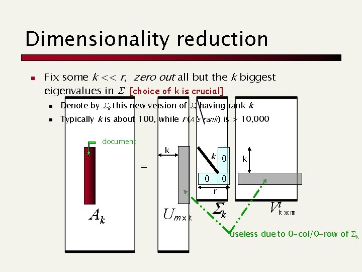 Dimensionality reduction n Fix some k << r, zero out all but the k