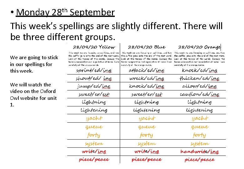  • Monday 28 th September This week’s spellings are slightly different. There will