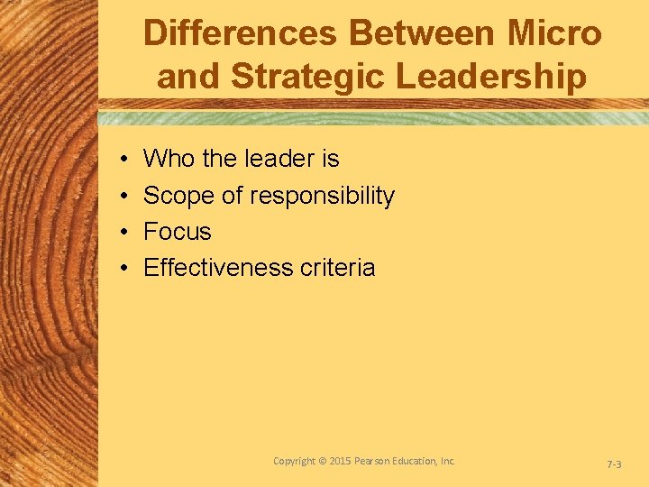 Differences Between Micro and Strategic Leadership • • Who the leader is Scope of