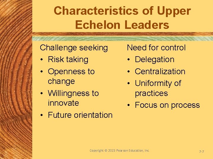 Characteristics of Upper Echelon Leaders Challenge seeking • Risk taking • Openness to change