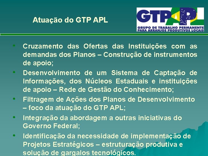 Atuação do GTP APL • • • Cruzamento das Ofertas das Instituições com as