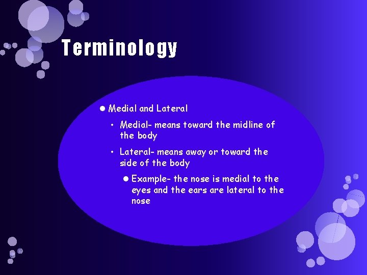 Terminology Medial and Lateral • Medial- means toward the midline of the body •
