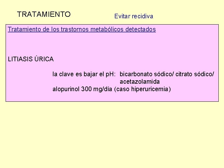 TRATAMIENTO Evitar recidiva Tratamiento de los trastornos metabólicos detectados LITIASIS ÚRICA la clave es