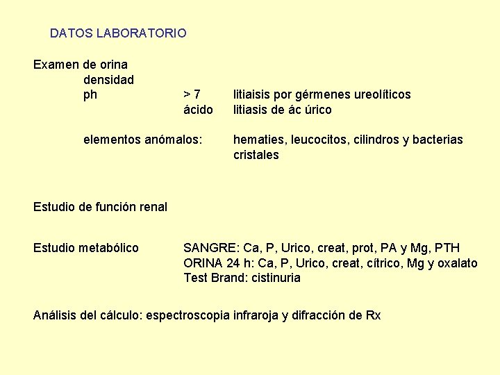 DATOS LABORATORIO Examen de orina densidad ph >7 ácido elementos anómalos: litiaisis por gérmenes