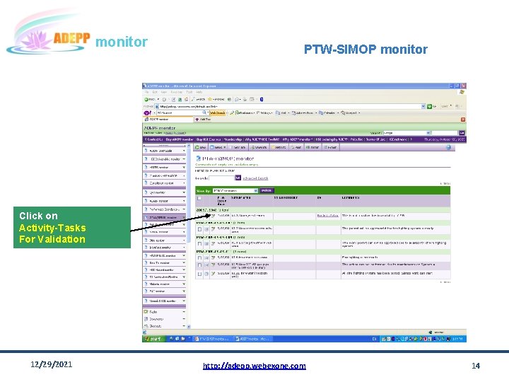 monitor PTW-SIMOP monitor Click on Activity-Tasks For Validation 12/29/2021 http: //adepp. webexone. com 14