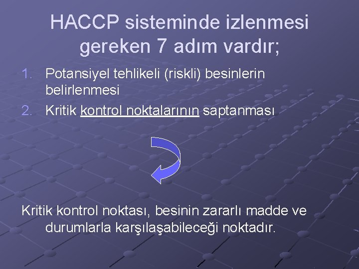 HACCP sisteminde izlenmesi gereken 7 adım vardır; 1. Potansiyel tehlikeli (riskli) besinlerin belirlenmesi 2.