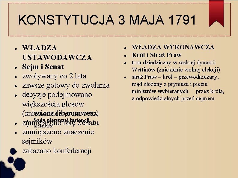 KONSTYTUCJA 3 MAJA 1791 WŁADZA USTAWODAWCZA Sejm i Senat zwoływany co 2 lata zawsze