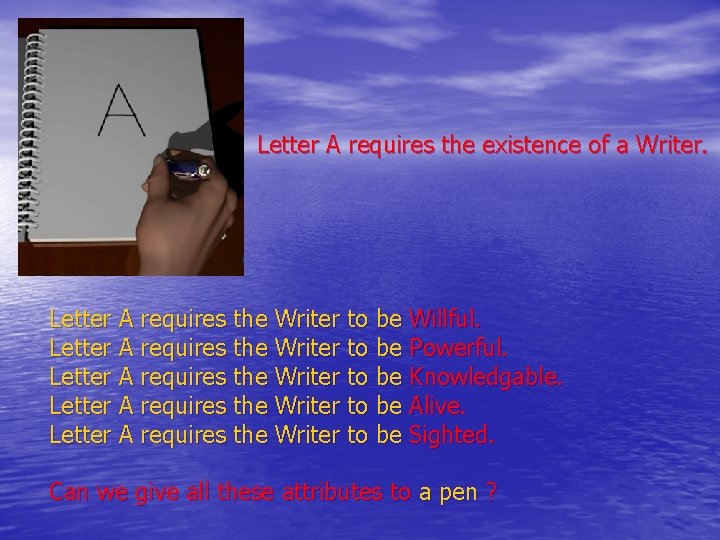 Letter A requires the existence of a Writer. Letter A requires the Writer to