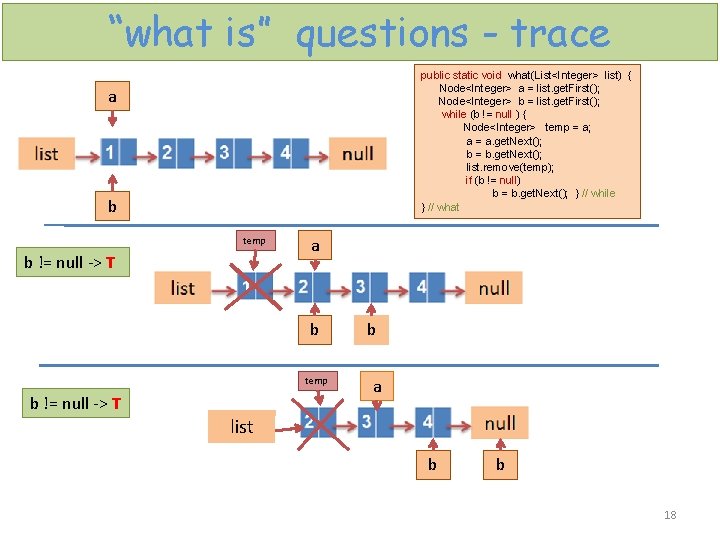 “what is” questions - trace public static void what(List<Integer> list) { Node<Integer> a =