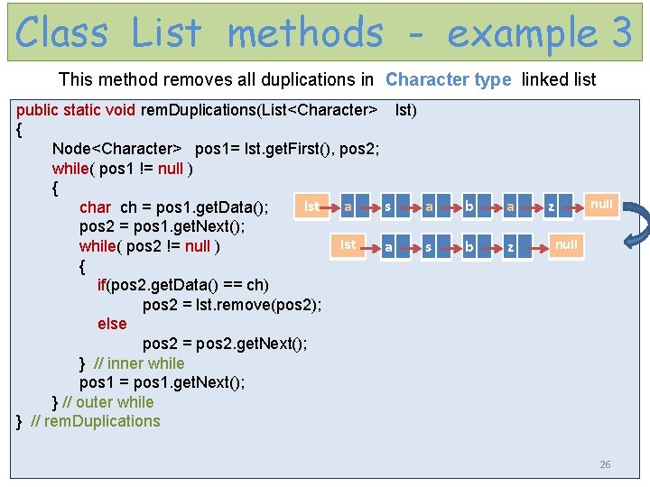 Class List methods - example 3 This method removes all duplications in Character type