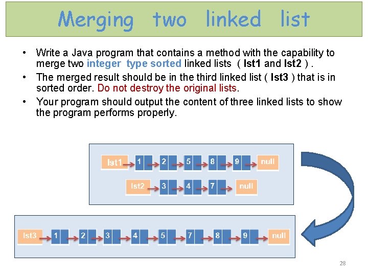 Merging two linked list • Write a Java program that contains a method with