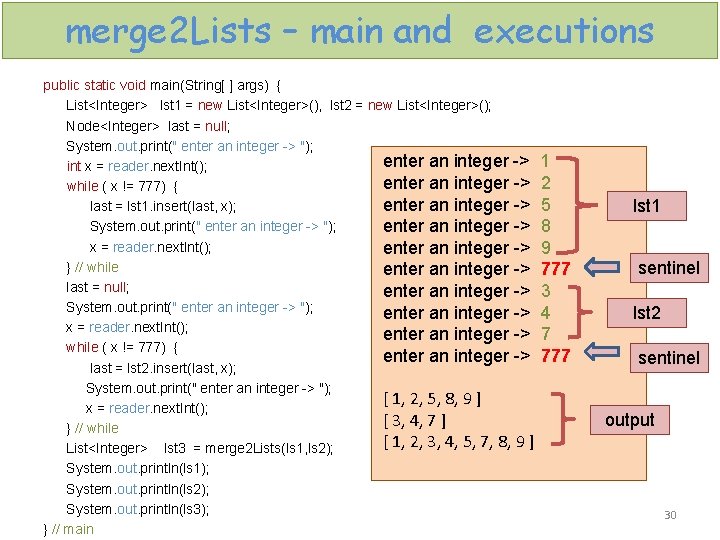 merge 2 Lists – main and executions public static void main(String[ ] args) {