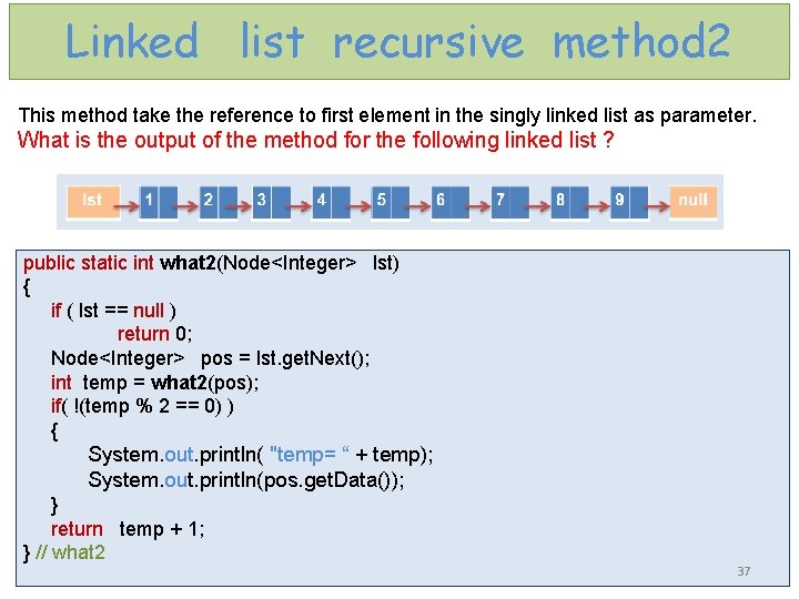 Linked list recursive method 2 This method take the reference to first element in