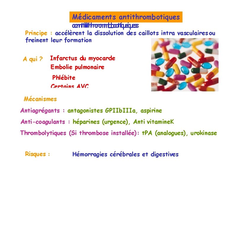 Médicaments MMééddicicaammeennttssantithrombotiques aannttitithhrorommbboottiquess Principe : accélèrent la dissolution des caillots intra vasculaires ou freinent