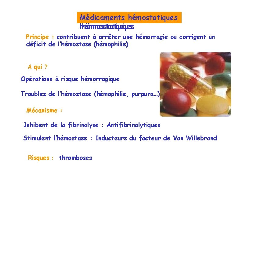 Médicaments MMééddicicaammeennttsshémostatiques hhéémmoossttaattiquess Principe : contribuent à arrêter une hémorragie ou corrigent un déficit