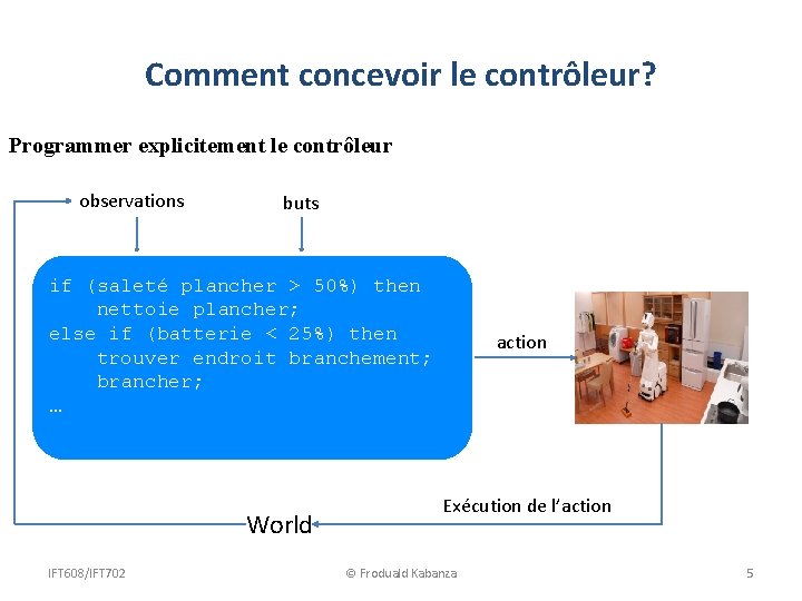 Comment concevoir le contrôleur? Programmer explicitement le contrôleur observations buts if (saleté plancher >