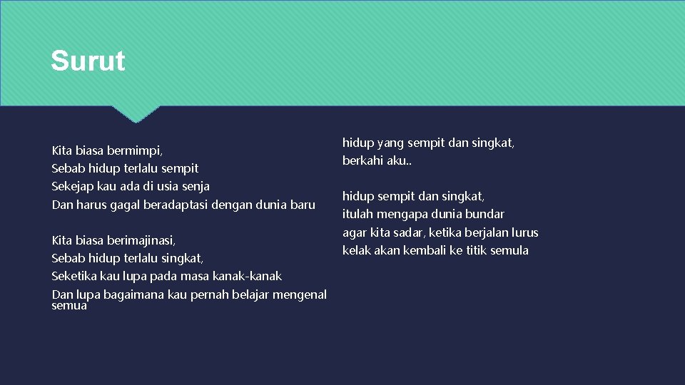 Surut Kita biasa bermimpi, Sebab hidup terlalu sempit Sekejap kau ada di usia senja