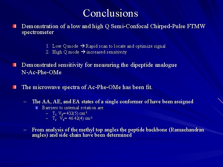 Conclusions Demonstration of a low and high Q Semi-Confocal Chirped-Pulse FTMW spectrometer 1. Low
