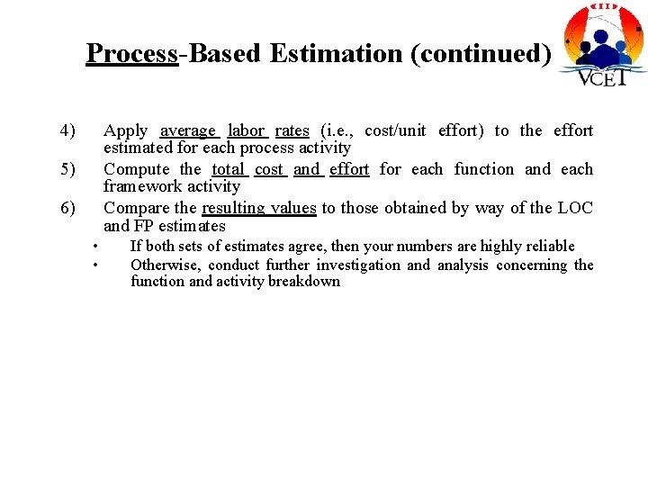 Process-Based Estimation (continued) 4) Apply average labor rates (i. e. , cost/unit effort) to